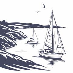 Two sailboats navigate calm waters near a rocky coastline with birds flying overhead
