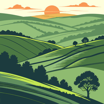 Stylized rolling green hills and fields under a vibrant sunset sky with stylized clouds