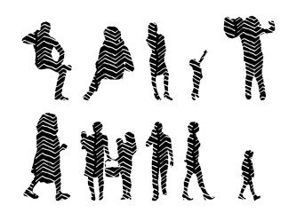 Vector illustration, Outline silhouettes of people, Contour drawing, people silhouette, Icon Set Isolated , Silhouette of sitting people, Architectural set