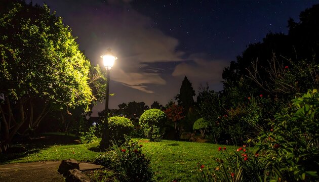 A serene nighttime scene showcases a lit lamppost illuminating a grassy garden, surrounded by lush trees under a starlit sky with cloudy patches