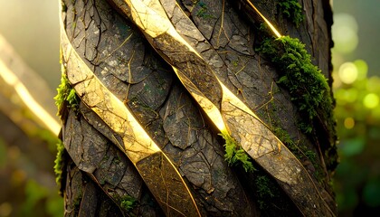 Tree Trunk Texture Illuminated with Golden Light in a Forest Setting