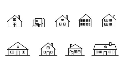 A collection of simple, black and white line art illustrations of various house designs.