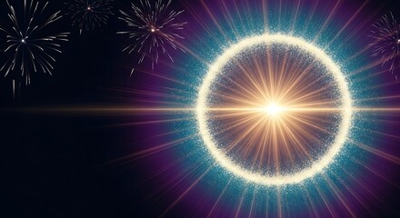 Fototapeta premium Festive Golden Ring with Burst of Light and Fireworks Background for Celebrations