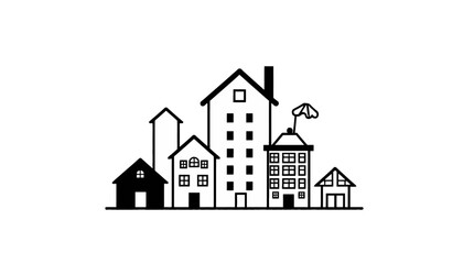 Fototapeta premium Simple black and white illustration of various stylized buildings, representing a city.