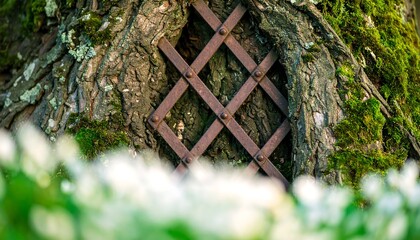 Tree Trunk with Metal Lattice and Green Moss Closeup in Natural Setting