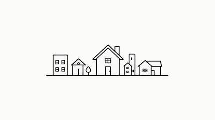 Minimalist line drawing of a neighborhood featuring various house and building styles on a horizontal plane.