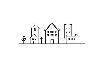 Simple black and white line drawing of a cityscape with various building structures.