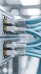 Network cables connected to switch in data center with blue wires