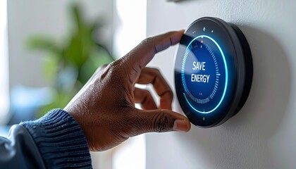 A man hand adjusting a digital thermostat knob displaying the words ‘SAVE ENERGY’, symbolizing energy efficiency and reduced power consumption