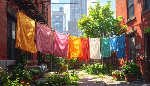Vibrant Colorful Laundry Drying on a Clothesline in a City Alley