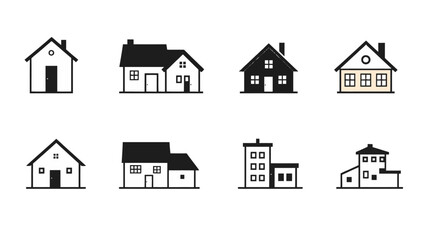 A collection of eight different house icons, each in a simple, minimalist style, arranged in two rows on a white background.