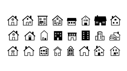 Fototapeta premium Collection of house and building icons arranged in rows, showcasing various architectural styles and designs in a simple, minimalist style.