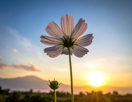 A close-up view from below of a white flower against a blurred sunset sky. Includes a closed bud and distant mountain