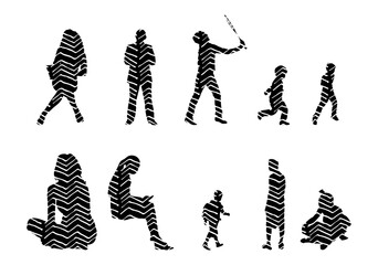 Vector illustration, Outline silhouettes of people, Contour drawing, people silhouette, Icon Set Isolated , Silhouette of sitting people, Architectural set