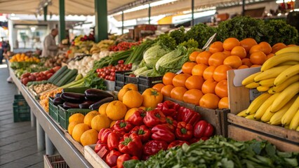 Obraz premium A vibrant farmers’ market stall overflowing with colorful fruits and vegetables oranges, bell peppers, bananas, and leafy greens, all glistening under natural sunlight.