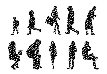 Vector illustration, Outline silhouettes of people, Contour drawing, people silhouette, Icon Set Isolated , Silhouette of sitting people, Architectural set