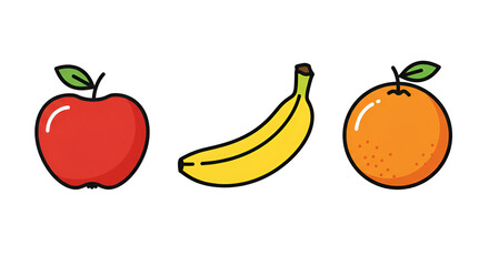Vibrant Cartoon Fruits: Apple, Banana, and Orange Icons
