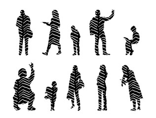 Vector illustration, Outline silhouettes of people, Contour drawing, people silhouette, Icon Set Isolated , Silhouette of sitting people, Architectural set