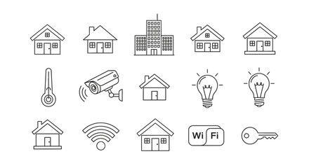 Line art icons depicting houses, a building, security camera, thermometer, lightbulbs, wifi, and a key.