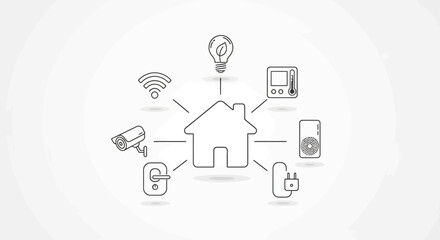 Smart home automation concept with house connected to various devices like security camera, thermostat, light bulb, and mobile phone.