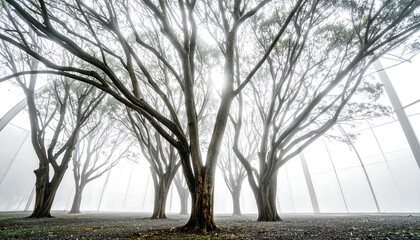 Trees in Foggy Atmosphere with Sun Shining Through Branches