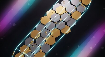 Futuristic Hexagon Grid with Neon Lights, 3D Abstract Background