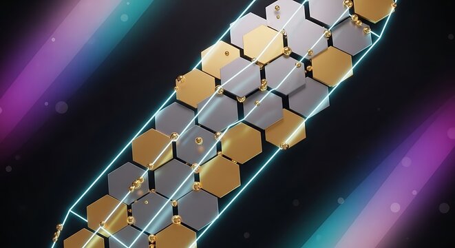 Futuristic Hexagon Grid with Neon Lights, 3D Abstract Background