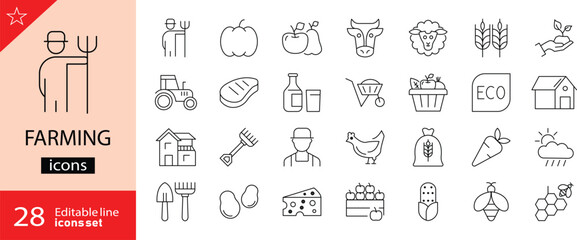 Farming icons set. Includes symbols of agriculture, crops, livestock, tractors, tools, and rural life. Editable stroke. Vector illustration. Outline icons. Perfect for agriculture and environment. 