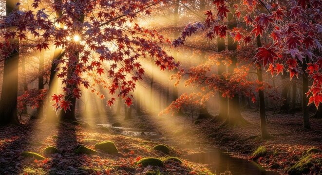 Sunrise over a magical misty autumn forest, with beautiful warm sun rays piercing through the vibrant red leaves