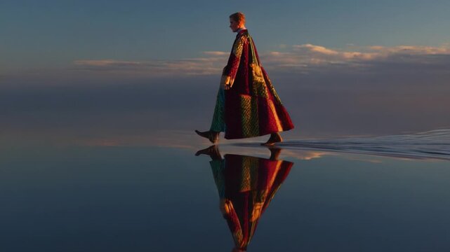 A Stunning Visual of a Fashion Model Elegantly Walking Across a Serene Reflective Surface at Sunset, Showcasing a Vibrant Colorful Garment That Blends Harmoniously with the Tranquil Atmosphere