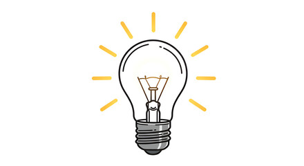 Bright Idea Light Bulb Icon with Glowing Rays on White Background
