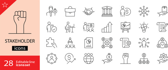 Stakeholder icons set. Includes symbols of collaboration, communication, teamwork, management, and business relationships. Editable stroke. Vector illustration. Outline icons. Perfect for business. 