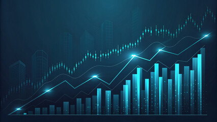 Naklejka premium Abstract dark business background with glowing stock market graph lines