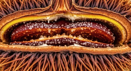 Ultra-detailed macro view of an open chestnut pod with a spiky husk, showcasing the intricate natural patterns, textures, and autumn colors