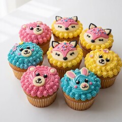 Colorful animal-themed cupcakes arranged on a white surface  