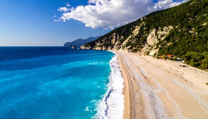 Aerial view of a stunning beach with turquoise water and a rocky mountain backdrop under a blue sky with clouds