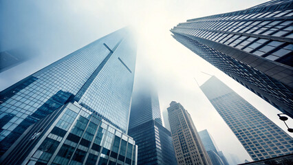 Obraz premium Corporate background with blurred city skyscrapers and transparent overlay for text placement