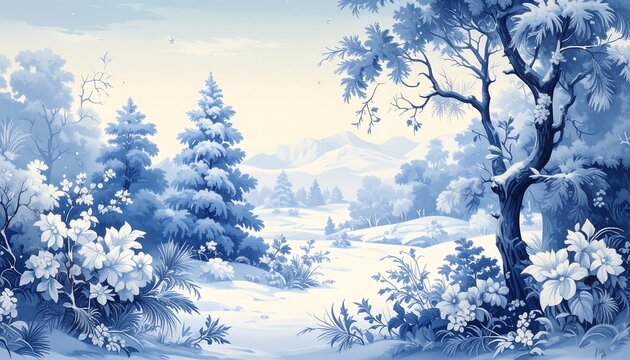 A snowy landscape with winter trees, flowers, and distant mountains