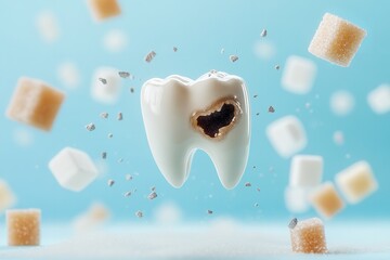 Obraz premium Cavity in Tooth Surrounded by Sugar Cubes and Debris, Generative AI.