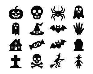 Set of black halloween themed vector icons scalable illustration for festive design projects and eps files silhouette vector illustration white background
