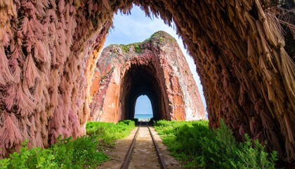 Tunnel View with Railway Leading to the Sea and Natural Stone Structures