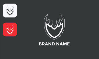 Shield Flame Logo, Modern Fire Emblem, Geometric Protection Symbol, Isolated White on Black