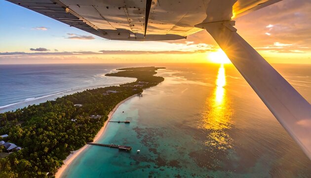 Aerial view of a tropical island at sunset, captured from an aircraft wing. The sun's rays illuminate the ocean, beach, and lush greenery - Powered by Adobe