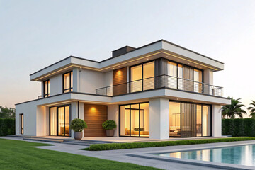 Fototapeta premium Modern house exterior on a sunny day with clear blue sky