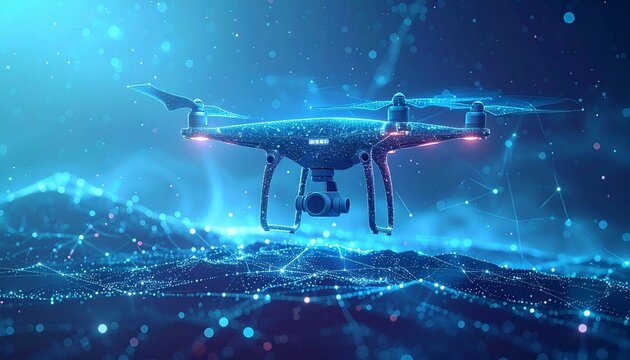 Drone flying over digital grid landscape, glowing blue nodes, camera gimbal, futuristic surveillance and data mapping symbolism.