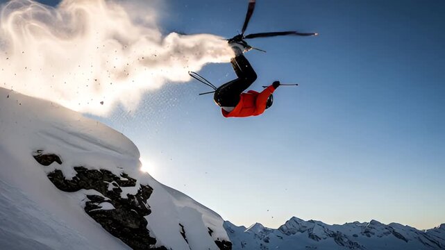 A daring freestyle skier executes a perfect backflip off a snowy cliff in the bright sunlight of a