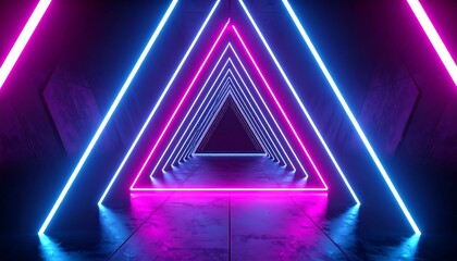 A futuristic tunnel lined with triangular neon lights in vibrant blue and magenta hues, creating a sense of depth and abstraction