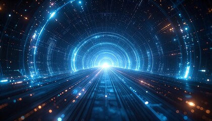 Naklejka premium A futuristic tunnel with glowing blue lights, creating an abstract and technological aesthetic, leading towards a bright focal point