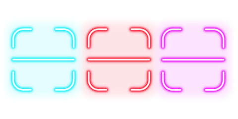 Neon glowing scanning frame vector icons set, QR code, barcode, data scan, target, digital interface, technology, glowing light effect, vibrant colorful design.
