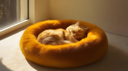 Sleeping ginger cat curled up in fluffy orange cat bed in sunlight